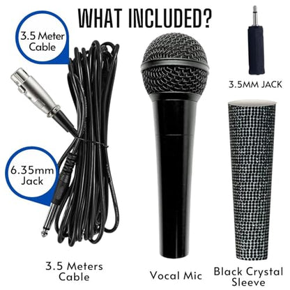 Black Vocal Microphone with XLR Cable and Silver Rhinestone Sleeve | Wired Mic Focuses Vocals With Cardioid Pickup; 11.5-Ft Lead with Silver Mic Cover and Grill Band Suit Karaoke Or Parties