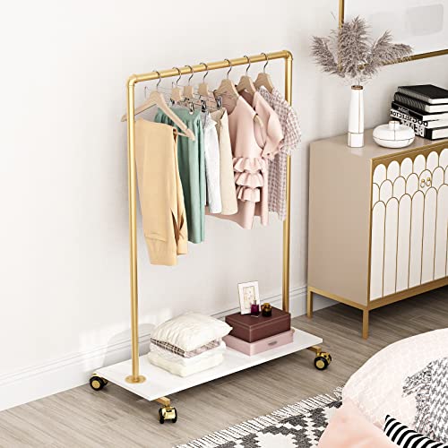Gold Metal Clothing Rack with Wood Shelf, Heavy Duty Rolling Garment Rack with Wheels for Bedroom Retail Boutique Use (37.4L inches) - style: single-small