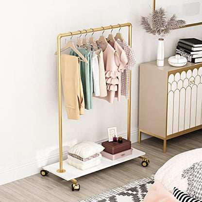 Gold Metal Clothing Rack with Wood Shelf, Heavy Duty Rolling Garment Rack with Wheels for Bedroom Retail Boutique Use (37.4L inches) - style: single-small