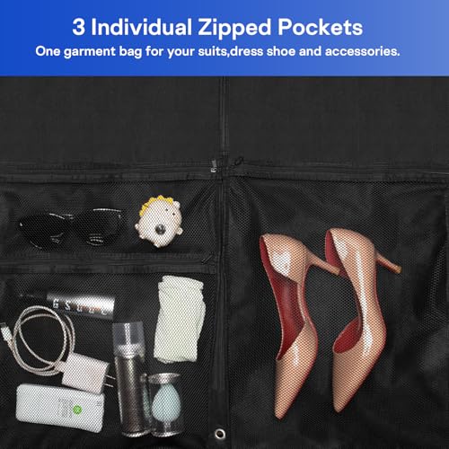 1 Pack Heavy Duty Garment Bags for Travel Suit Bags, Dress Bags, Garment Bags for Hanging Clothes with Pockets Men's Suit Holder for Shirts, Coats, Dresses (Black, 1Pack60") - size: 1Pack 60"-3 Mesh Pockets
