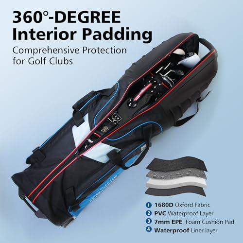 Golf Travel Bags for Airlines with Wheels, Hard Case Top and 1680D Heavy Duty Oxford Protect Golf Clubs, Lightweight and Easy to Maneuver - color: Black & Red & Blue