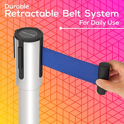 DuraSteel Crowd Control Barriers Line Dividers - Silver Stanchion Stainless Steel Posts with 6.5ft Blue Retractable Belt Ropes - for Store Queues, Airport Lines, Event Entries - 2 Set/Pack - color: Blue Belt, style: Silver Stanchion 2 Pieces Set