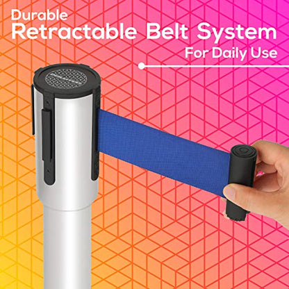 DuraSteel Crowd Control Barriers Line Dividers - Silver Stanchion Stainless Steel Posts with 6.5ft Blue Retractable Belt Ropes - for Store Queues, Airport Lines, Event Entries - 2 Set/Pack - color: Blue Belt, style: Silver Stanchion 2 Pieces Set