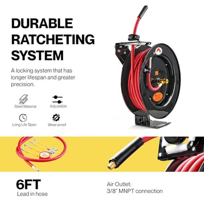 ReelWorks Air Hose Reel 3/8" Inch x 50' Foot SBR Rubber Hose Max 300PSI Commercial Steel Construction | Corrosion Resistant Powder Coating, Commercial Frame Supports Garage Air Service