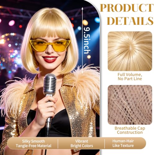 Short Bob Straight Hair Wigs with Bangs, Synthetic Fiber Colorful Hair, Cat Eye Glasses for Women (Light Gold) - color: Light Gold