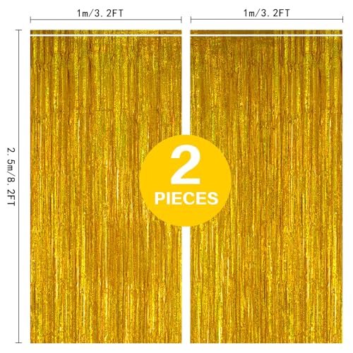 PIGETALE 2 Pack 3.2ft x 8.2ft Gold Metallic Foil Curtains | Laser Glitter Fringe Curtain Photo Booth Backdrop Tinsel Curtain Streamer Birthday Wedding Christmas Event Party Supplies - color: Gold