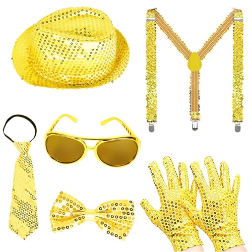 7PCS Pop Star Costume 70s 80s Disco Rock Super Star Dance Cosplay Accessories - Gloves Hat Sunglasses Tie Sequin Strap - color: Golden