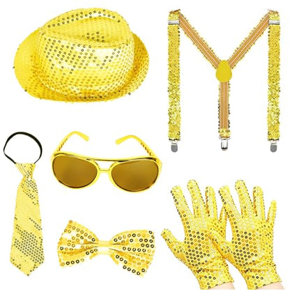 7PCS Pop Star Costume 70s 80s Disco Rock Super Star Dance Cosplay Accessories - Gloves Hat Sunglasses Tie Sequin Strap - color: Golden