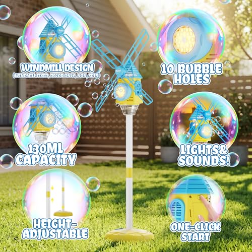 Belemar Windmill Bubble Machine Toys for Kids & Boys, Standing Bubble Blower with Lights & Music, 51" Adjustable Height, 130ml Tank, Bubble Solution Included, Outdoor Toy for Parties & Birthdays - color: Blue