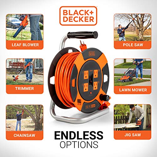 BLACK+DECKER 50 Ft. Retractable Extension Cord Reel, 4 Outlets | 14 AWG SJTW cable, easy handle rewind, multi-plug design, heavy-duty build - size: 50-Feet