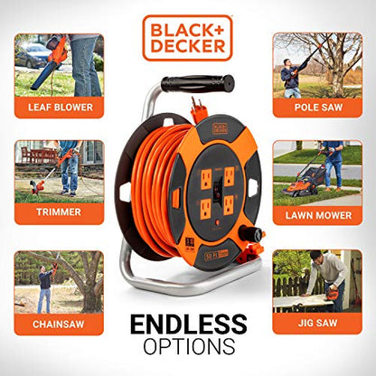 BLACK+DECKER 50 Ft. Retractable Extension Cord Reel, 4 Outlets | 14 AWG SJTW cable, easy handle rewind, multi-plug design, heavy-duty build - size: 50-Feet