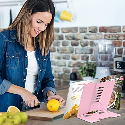 Honagu Book Stand Metal Desk Book Holder, Book Holders for Reading Hands Free, Adjustable Cookbook Documents Holder, Portable Bookstand for Music Books, Textbook, Recipe, Tablet, Ipad (Light Pink) - color: Light Pink
