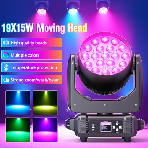 Moving Head Lights 19x15W RGBW 4-in-1 LED Stage Light with Zoom Beam Wash Effect by Sound Activated Auto DMX Control for Wedding DJ Disco Parties Nightclub Show Bar (2Pack with Flight Case)