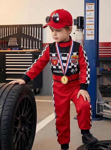 Kids Race Car Driver Costume Set Boys Girls Racer Jumpsuit Halloween Racer Cosplay Dress Up - size: 5-6 Years