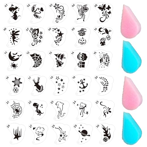 30 Pcs Face Paint Stencils Kits Face Painting Stencils Reusable Body Makeup Painting Templates with 4 Sponge for Party Halloween Christmas(30 Stencils) - color: 30 Stencils