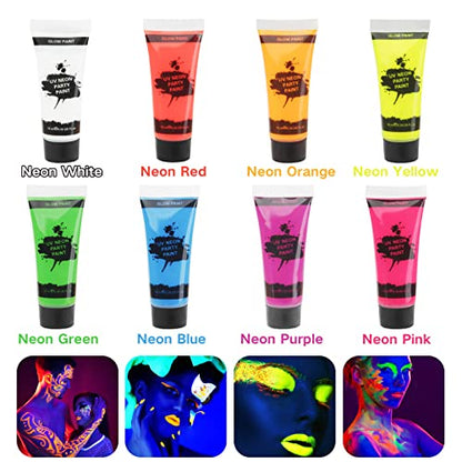UV Blacklight Neon Face Body Paint, MEICOLY 8 Tubes Blacklight Reactive Paints,Water Based, Washable, Non-Toxic Neon Party Supplies for Halloween,02 - color: UV Face Paint Kit 02