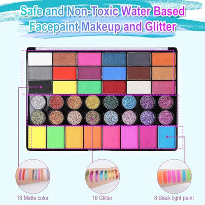 42 Color Face Painting Kit – Water Activated Facepaint Makeup Set | Non-Toxic Washable, Professional Face Paint with Stencils, Gems, Brushes– for Kids, Adults, Halloween, Costume, Party, Makeup