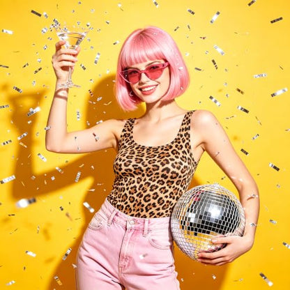 Short Bob Straight Hair Wigs with Bangs, Synthetic Fiber Colorful Hair, Cat Eye Glasses for Women (Pink) - color: Pink