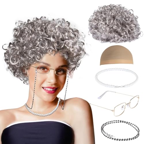 MAQIHAN Granny Wig Set - Light Gray Old Lady Wig with Glasses Cap | Synthetic Elderly Woman Costume Accessories with Faux Pearl Necklace for Halloween Cosplay, Funny Old Lady Outfit Party - color: Gray
