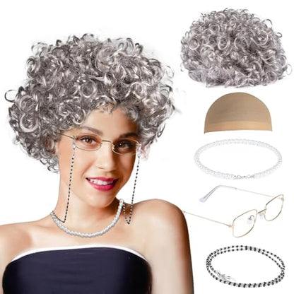MAQIHAN Granny Wig Set - Light Gray Old Lady Wig with Glasses Cap | Synthetic Elderly Woman Costume Accessories with Faux Pearl Necklace for Halloween Cosplay, Funny Old Lady Outfit Party - color: Gray