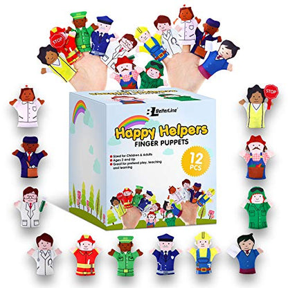 BETTERLINE Happy Helpers Finger Puppets 12 Piece Set Teach Learn Pack | 12 Pack Variety Neighborhood People Characters Bonus E Book Families Children Kindergarten Play ESL Interactive - color: Happy Helpers 12 Pieces Finger Puppets