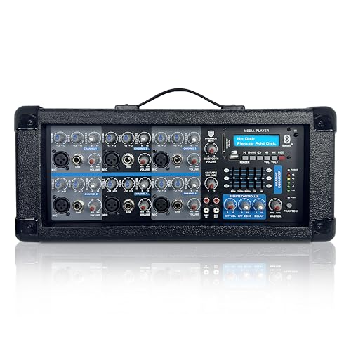 2500W Bluetooth PA Speaker System with 6-Channel Powered Mixer, 2 12-Inch Passive Speakers, Stands, Reverb Effects, 15V Phantom Power. Perfect for DJs, Bands, Karaoke, Live Events