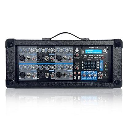 2500W Bluetooth PA Speaker System with 6-Channel Powered Mixer, 2 12-Inch Passive Speakers, Stands, Reverb Effects, 15V Phantom Power. Perfect for DJs, Bands, Karaoke, Live Events