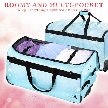 Dance Bag with Garment Rack and Curtain, 28" Rolling Dance Competition Duffle Bag with Garment Rack | Mobile Changing Station Dance Suitcase for Dancer Athlete Livestreamer Cheerleader Cosplayer - color: 28in Glitter Blue