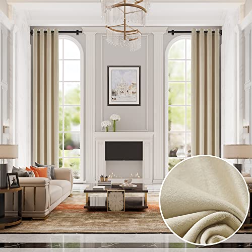 MASWON Velvet Curtains Extra Long 14ft Length, 52" W x 168" L, Beige, Cream | Super Soft and Comfortable, Thermal Insulated, For High Ceiling Living Room Bedroom, Easy to Clean and Maintain, 1 Panel