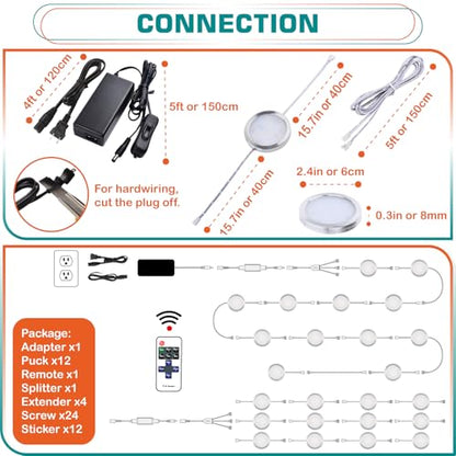 Small LED Puck Lights for Uplight or Downlight, 120V Hardwired & Plug in Cabinet Lights Kit, Wireless RF Remote Control Dimmable, Daisy Chained Linkable, White Wires, Daylight, 12 Lights - color: 12 Lights, Daylight
