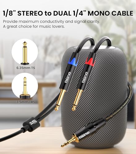 Tisino 1/8" to 1/4" Stereo Cable, Dual 1/4" to 3.5mm Audio Cable, 10FT/3m | Dual 1/4" TS to 3.5mm Audio Adapter Cable for Phone/Laptop to Mixer/Speaker/Amp, 20AWG Gold-Plated OFC - size: 10 feet