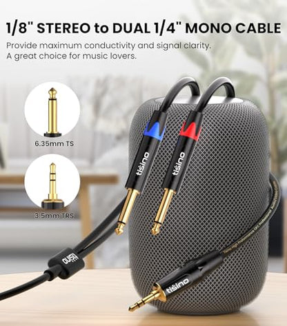 Tisino 1/8" to 1/4" Stereo Cable, Dual 1/4" to 3.5mm Audio Cable, 10FT/3m | Dual 1/4" TS to 3.5mm Audio Adapter Cable for Phone/Laptop to Mixer/Speaker/Amp, 20AWG Gold-Plated OFC - size: 10 feet