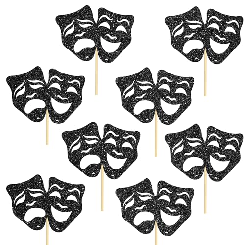 umoni Comedy Tragedy Mask Centerpiece Sticks Glitter Black Theatrical Mask Table Decorations 12PCS Theatrical Masks Party Table Toppers Film Birthday Decor for Movie Night Drama Party Supplies