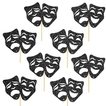 umoni Comedy Tragedy Mask Centerpiece Sticks Glitter Black Theatrical Mask Table Decorations 12PCS Theatrical Masks Party Table Toppers Film Birthday Decor for Movie Night Drama Party Supplies