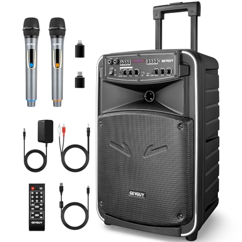 GTSK12-2 Portable Bluetooth PA Speaker System, Wireless Karaoke Loudspeaker with 12” Subwoofer, USB/SD/MP3/FM/TWS - Dual UHF Mics, Remote, Rolling Wheels - Ideal for Parties, Events, Outdoors