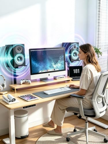 suptek Clamp-on Speaker Stand Desk Mount, Height Adjustment, Swivel, Tilt, 9.6 x 8.8 in Trays, Universal Audio Holders for Bookshelf Speakers, Elevated Sound, Against the Wall, 2 Pack, Black, SDM001KT - size: Tilt Speaker Stands Against the Wall