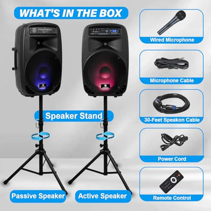 PRORECK Party 15 Portable 15-Inch 2000 Watt 2-Way Powered PA Speaker System Combo Set with Bluetooth/USB/SD Card/FM/Remote Control/LED Light for Indoor, Outdoor DJ Parties, Karaoke