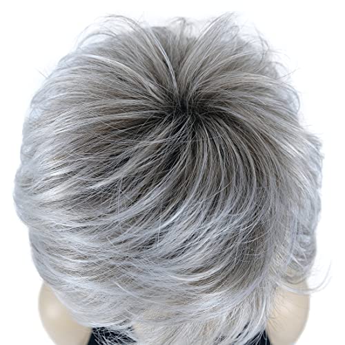 Lydell 8" Short Layered Shaggy Wavy Full Synthetic Wig (48T Light Gray with Dark Root) - color: 48T Gray with Dark Root