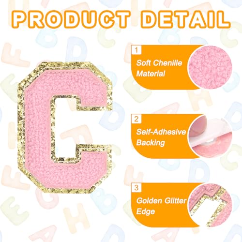 MECCANIXITY Chenille Letter Patches 2.2" Self Adhesive Alphabet C Stick on Embroidered Patch Sew on Letter Stickers Applique for Repairing Clothing Jeans Shoes Hats DIY(Pink, Pack of 6) - style: Letter-C
