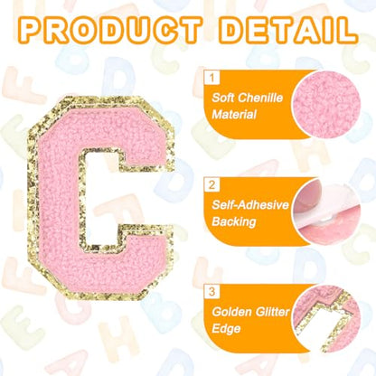 MECCANIXITY Chenille Letter Patches 2.2" Self Adhesive Alphabet C Stick on Embroidered Patch Sew on Letter Stickers Applique for Repairing Clothing Jeans Shoes Hats DIY(Pink, Pack of 6) - style: Letter-C