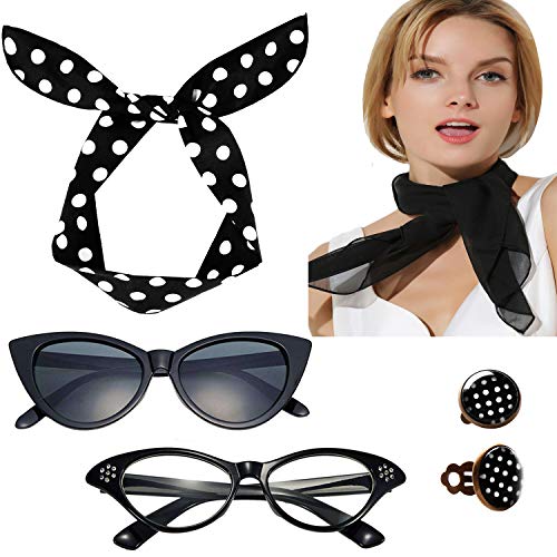 Breevo 50s Costume Accessories Set Women Scarf Headband Glasses | Includes Bandana Scarf, Headband, Clip-on Earrings, and Cat-Eye Glasses; Chiffon Scarf - color: Black