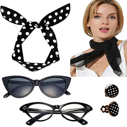Breevo 50s Costume Accessories Set Women Scarf Headband Glasses | Includes Bandana Scarf, Headband, Clip-on Earrings, and Cat-Eye Glasses; Chiffon Scarf - color: Black
