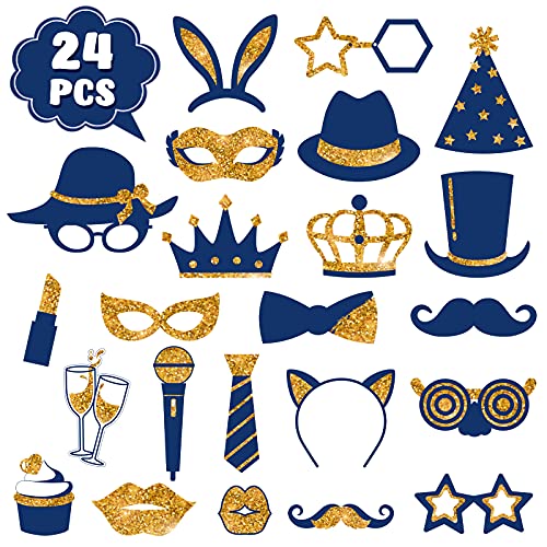 Zonon 24 Pcs Photo Booth Props Set Black Gold Birthday,Gold and Navy Blue | Props on Sticks for Wedding, Reunion, Prom, Includes Mustache, Hats, Glasses, Ties, Lips, Crowns, Fun Party Accessories - color: Gold and Navy Blue