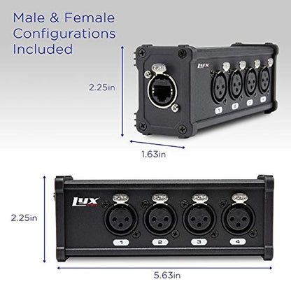 LyxPro 4-Channel XLR to Cat6 Ethercon Breakout Box Pair, Male & Female | Male & female 4-channel XLR breakout boxes carry balanced analog, AES or DMX over one Cat6 cable up to 330 ft. - size: Pair - No Cables
