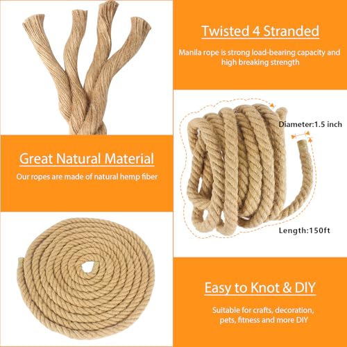 Manila Rope 1.5 Inch X 150 Ft, Natural Hemp Rope 4 Strand Twisted, Large Thick Heavy Duty Multipurpose for Swing Bed, Camping, Tug of War, Docks, DIY Projects. - size: 150 feet, style: 1.5 inch