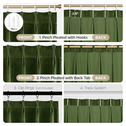 Joydeco Pinch Pleated Velvet Curtains 96 Inch Long 2 Panel Set Green Curtains for Bedroom Living Room, Thermal Insulated Back Tab Blackout Luxury Drapes with Adjustable Hooks (40”W x96”L,Olive Green) - color: Olive Green, size: 40"W x 96"L (Pack of 2)