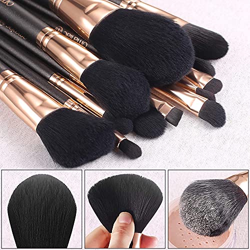 OMANIAC Makeup Brush Set Professional, 12 Pearlescent Wood Handle Makeup Brushes, Premium Cruelty-Free Synthetic Fiber Hair, Travel Make up Brushes Set with Case (Black). (Pack of 2) - color: Rose Gold and Black, size: 12pcs (Pack of 2)