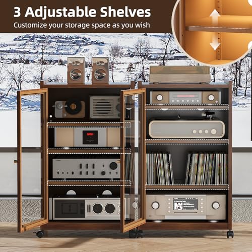 Media Cabinet with LED Lights and Glass Door, Metal Stereo Cabinet Brown - color: Brown (Wood Grain)