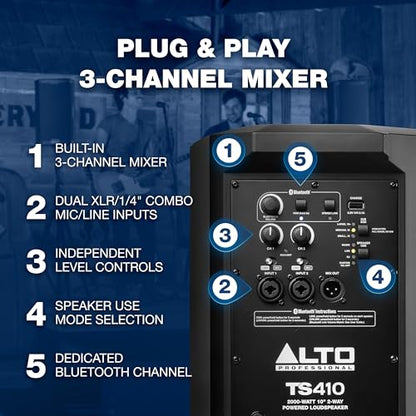 Alto Professional TS410 - 2000W 10" Powered PA Speaker with 3 Channel Mixer, Bluetooth Streaming, Wireless Loudspeaker linking, DSP and Alto App(black) Bundle