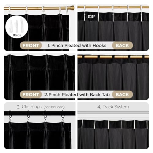 Joydeco Pinch Pleated Velvet Curtains 108 Inch Long 2 Panel Set,Black Velvet Curtains for Living Room Bedroom, Back Tab Thermal Insulated Blackout Drapes with Adjustable Hooks (40”W x108”L,Black) - color: Black, size: 40"W x 108"L (Pack of 2)